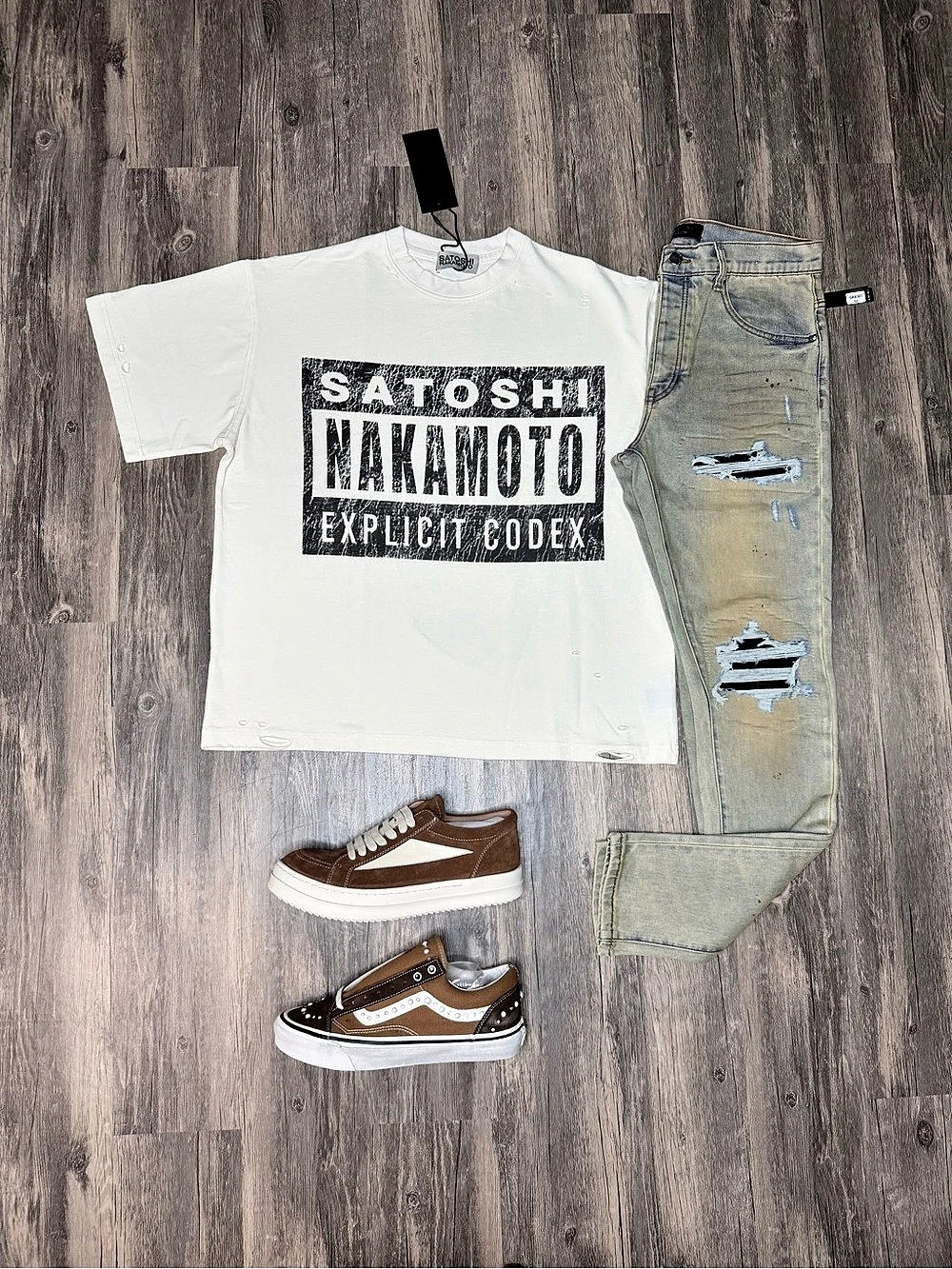 Satoshi Nakamoto shirt, Amiri Jeans, Vans or Rick Owen’s Shoes